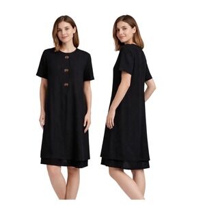 Vintage Evan-Picone  Black Linen Blend Shift Dress Novelty Elephant Buttons 14